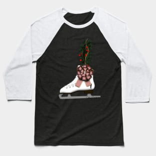 Ice Skate Christmas Decoration with Tartan Bow Baseball T-Shirt